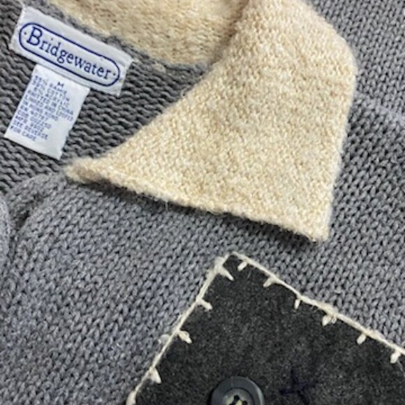 VINTAGE BRIDGEWATER Womens Gray Cream Patch Button Cardigan Size M Art to Wear - Picture 5 of 6